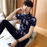 夏季青年男士短袖衬衫韩版修身长袖花衬衣个性潮流百搭发型师寸衣