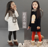 韩国童装女童冬装2015新款 韩版可爱女孩小兔儿童简约加绒连衣裙