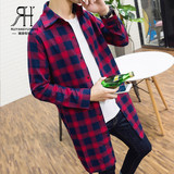 秋季青少年长款衬衫男潮韩版高中学生帅气上衣格子衬衣男长袖外套