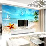 3D立体海景沙滩大型壁画 客厅电视背景墙壁纸 卧室无缝墙纸