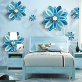 现代简约时尚蓝色花卉3D立体墙纸大型壁画客厅沙发电视背景墙壁纸