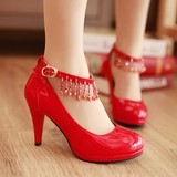 秋冬款季红色结婚鞋子伴娘新娘鞋高跟鞋婚礼红鞋中跟女鞋红皮鞋女