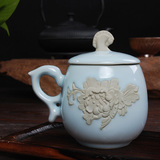 东茶西壶 陶瓷浮雕茶具茶杯带盖办公杯子牡丹水杯 青瓷官窑个人杯