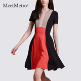 MeetMetro欧美2016夏季新款短袖收腰显瘦时尚撞色雪纺连衣裙中裙
