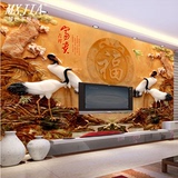 大型3d立体无缝壁画客厅电视背景墙纸壁纸 玉雕仙鹤牡丹富贵吉祥