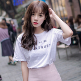 2016夏装韩版竹节棉短袖t恤女白色学生简约休闲字母短袖体恤上衣