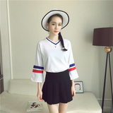 夏季新款韩版女装宽松V领拼色条纹短款七分袖薄款针织衫+I710