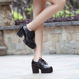 夏季新款高跟鞋粗跟英伦皮鞋黑色圆头厚底单鞋防水台系带休闲女鞋
