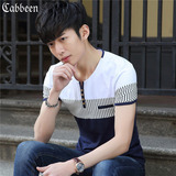 新款卡宾条纹春夏季纯棉男士短袖T恤男青年薄款打底衫外套韩版