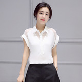 2016夏季新款韩版修身翻领印花上衣时尚蝙蝠袖百搭短袖雪纺衬衫女
