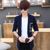 夏季中袖黑色小西装男青年韩版修身七分袖中长款西服男士单西外套