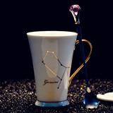 创意十二星座水杯时尚描金贴花骨瓷咖啡马克杯带盖勺陶瓷情侣杯子