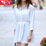 韩版小清新连衣裙夏季可爱淑女衬衫裙高腰中长款雪纺学生修身显瘦