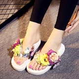 韩版花朵人字拖女夏季防滑甜美平跟大码夹板凉拖鞋海边度假沙滩鞋