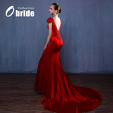 Obride2016年新款红色鱼尾显瘦礼服高档缎面珍珠露背新娘敬酒服