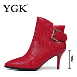 YGK春季新款女鞋尖头高跟蛇纹短靴女女式细跟女靴及裸靴8379