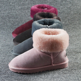 冬季棉鞋牛皮中筒雪地靴女真皮平底圆头保暖中筒靴子女粉色