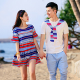 海边沙滩情侣装夏装2016新款韩版条纹短袖t恤衫男女宽松连衣裙潮