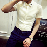 2016夏装新款英伦港风韩版潮男士修身短袖衬衫纯色短袖衬衣发型师
