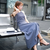 2016夏季新款韩版连衣裙棉质细条纹吊带背心修身高腰长裙两件套装