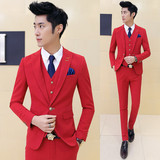 糖果色大红色韩版商务三件套职业西装套装男装新郎伴郎礼服长袖潮