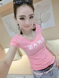 2016夏季新款韩版纯棉简约字母印花紧身粉色T恤女圆领短袖上衣潮