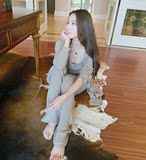 2016秋装新款韩版纯色长款开衫背心阔腿长裤三件套时尚针织套装女