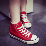 新款高帮帆布鞋子女红色平底系带男女士情侣学生休闲鞋女鞋板鞋