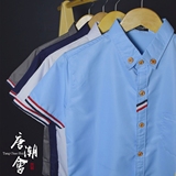 韩版男士修身潮牌TB条纹短袖衬衫青少年薄款丝光棉红白蓝织带衬衣