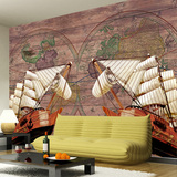 欧式复古怀旧帆船地图背景无缝大型壁画 个性电视客厅无纺布墙纸