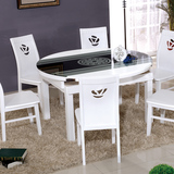 可伸缩黑白钢琴烤漆玻璃面圆台一桌六椅实木橡木餐桌椅组方桌圆桌