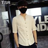 TSR韩版修身男士白色薄款立领短袖衬衣时尚英伦风中袖衬衫夏装潮