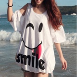 新款夏装 韩版露肩卡通T恤沙滩宽松上衣 女装可爱笑脸棉短袖大码