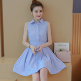 2016夏季新款韩版时尚中长款显瘦蓝色条纹裙子无袖衬衫连衣裙女