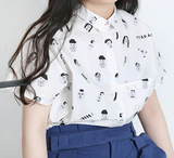 日本日式塔卡沙理发师满印可爱短款衬衫上衣 复古趣味童趣