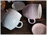 外贸陶瓷 渐变色蕾丝浮雕马克水杯子早餐咖啡麦片创意情侣牛奶杯