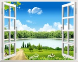 定做立体假窗户墙贴绿色森林装饰贴画 环保绿地海景蓝天卧室贴画