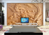 壁画布沙发3D立体中式浮雕孔雀凤凰牡丹花电视背景墙壁纸无缝大型