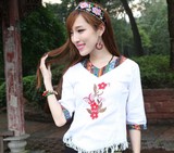 2016新款亚麻女装夏 绣花民族风v领中袖衬衫波西米亚衬衣棉麻上衣