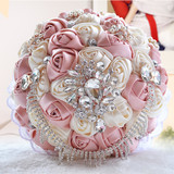 韩式新娘手捧花球绸缎丝带水钻珍珠花束仿真玫瑰创意结婚礼物摄影