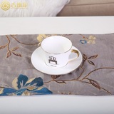 咖啡色手工刺绣牡丹雪尼尔布艺桌旗床旗餐垫新中式样板间餐桌茶几