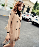 2015秋装新款韩版麂皮绒流苏风衣外套女中长款双排扣七分袖