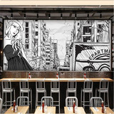 3D大型壁画休闲时尚素描手绘餐厅壁纸咖啡店休闲吧酒吧服装店墙纸