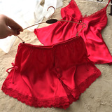 【天天特价】夏红色诱惑吊带睡衣两件套装女性感露背睡衣短裤大码