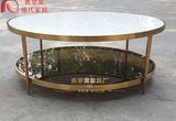 新古典双层茶几拉丝黄铜金色大理石沙发桌钢化玻璃客厅桌金属家具