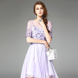 H2442 欧洲风2016夏季新款重工刺绣绣花中袖紫色连衣裙