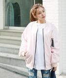 3韩国代购正品lylon春装粉色宽松大码夹克短外套棒球服黑色无领