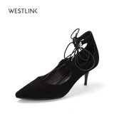 Westlink西遇女鞋2016春季新款交叉绑带高跟鞋细跟真皮尖头浅口单
