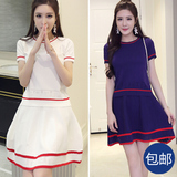 2016夏季新款韩版修身针织圆领短袖纯色显瘦包臀短裙两件时尚套装