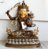 藏传佛教尼泊尔手工打造紫铜刻金花密宗佛像 文殊菩萨佛像 一尺